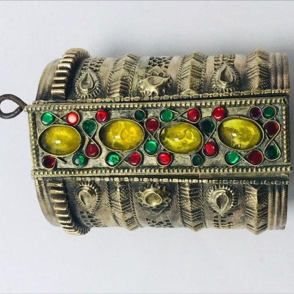single Golden Tribal Cuff Bracelet With Big Glass Stones, Vintage Boho Cuff - Picture 1 of 4